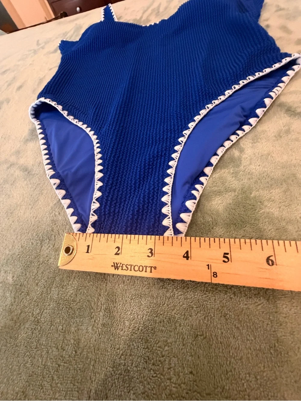 Betsey Johnson Women XL Blue One Piece Swimsuit White Crochet Trim UPF 50+